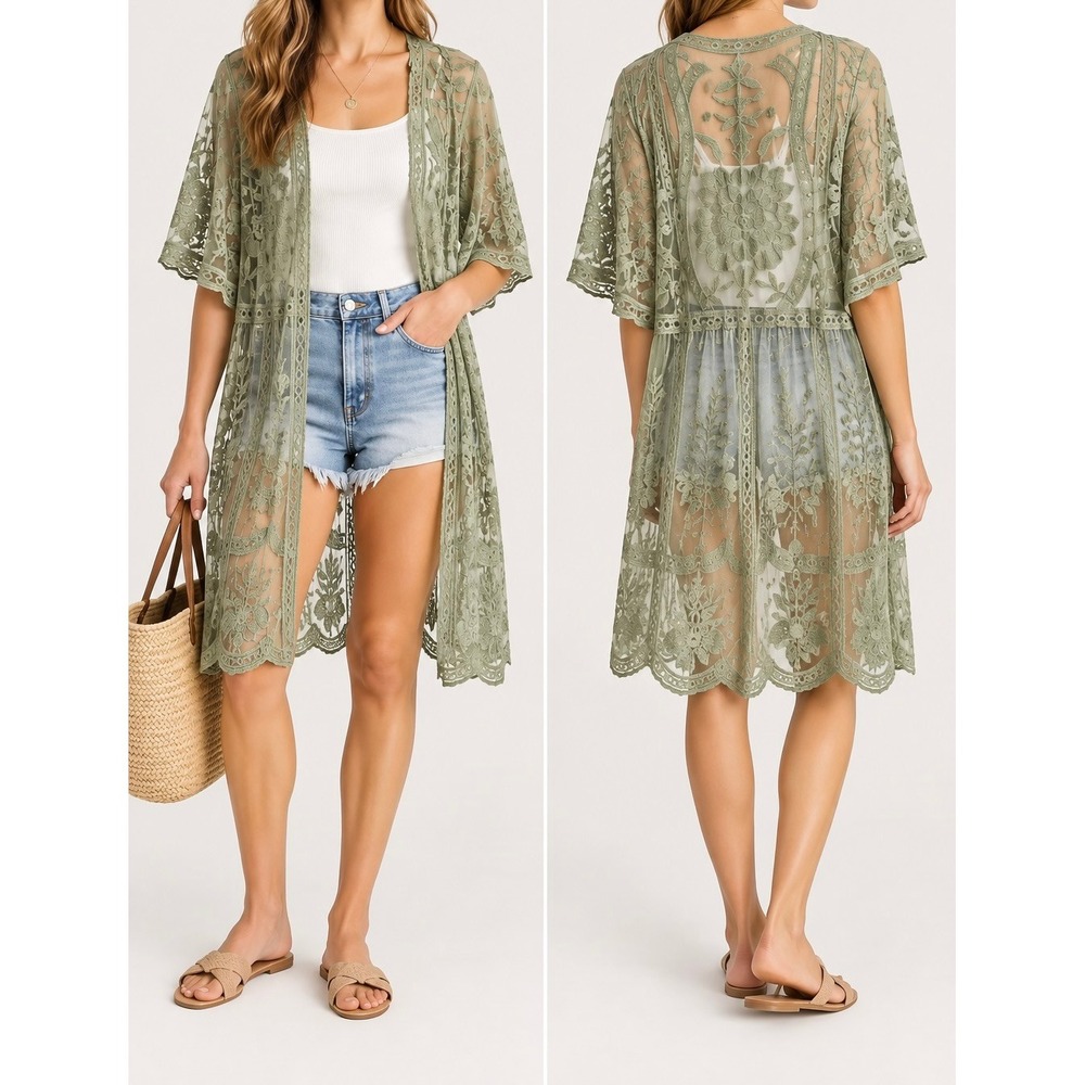 Rachel Zoe Embroidered Lace Duster Kimono Sage Green One Size Boho
